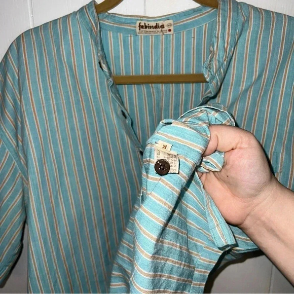 Fabindia Button Up Size 46 Top Blue and Orange Stripe Detailing - Picture 3 of 4